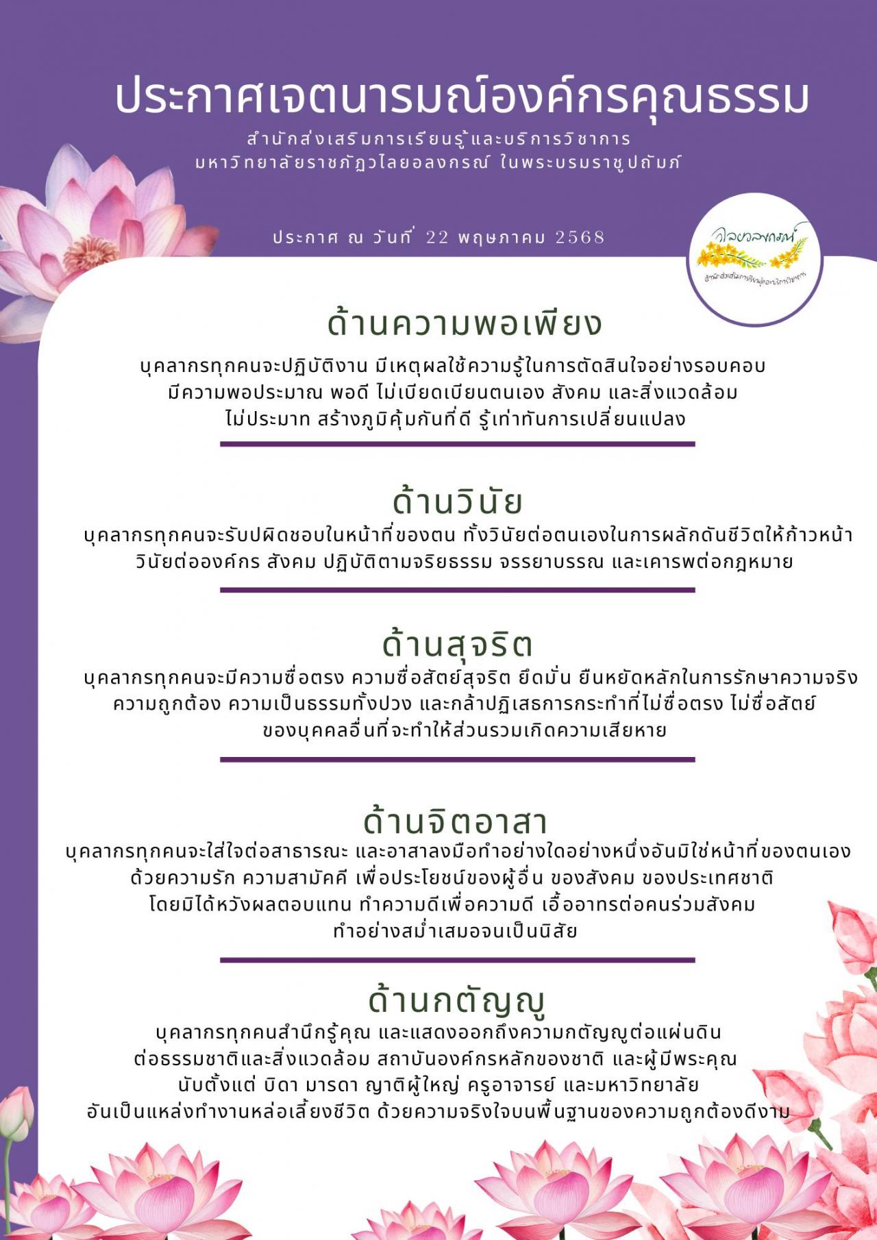 23 พฤษภาคม 2568 ผู้บริหารและบุคลากรสำนักส่งเสริมการเรียนรู้และบริการวิชาการ ร่วมประกาศเจตนารมณ์องค์กรคุณธรรมของสำนักส่งเสริมการเรียนรู้และบริการวิชาการ มหาวิทยาลัยราชภัฏวไลยอลงกรณ์ ในพระบรมราชูปถัมภ์ ประกาศเจตนารมณ์องค์กรคุณธรรม>>>https://pubhtml5.com/ovom/nvdv/